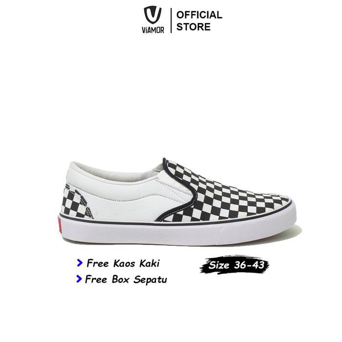 Eiger - Sepatu Viamor Slip On Checkboard Black White Pria Wanita Size 36-43 Karet Kerja Shoes Flat