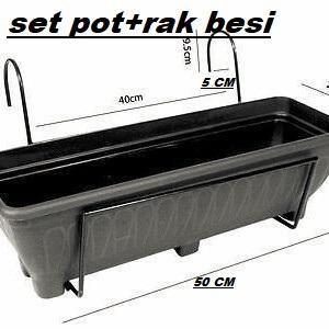 Rak Besi+Pot/Rak Double Pot Bunga Balkon / Pagar / Gantungan Pot Kotak Panjang Tempel Pagar. Balkon