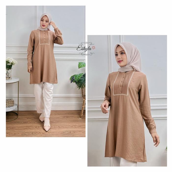 Sale- Narra Tunik By. Eshyla - Tunik Wanita Polos Katun Linen Crinkle Bordir Opnaisel