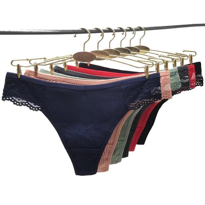 Celana Dalam Wanita - Cd Thong Premium 95% Katun Motif Kain Garis Pinggang Ada Renda Warna Cerah