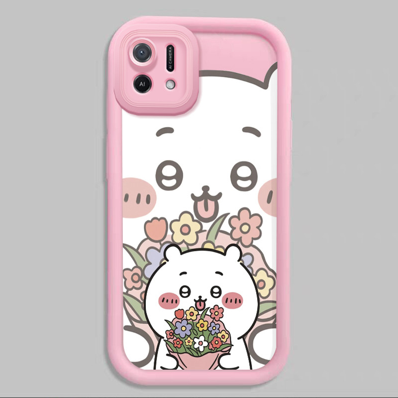 Casing Hp untuk OPPO A16K A16E Case Lucu Karakter Hachiware Memegang Bunga Kasing silikon Cesing kua