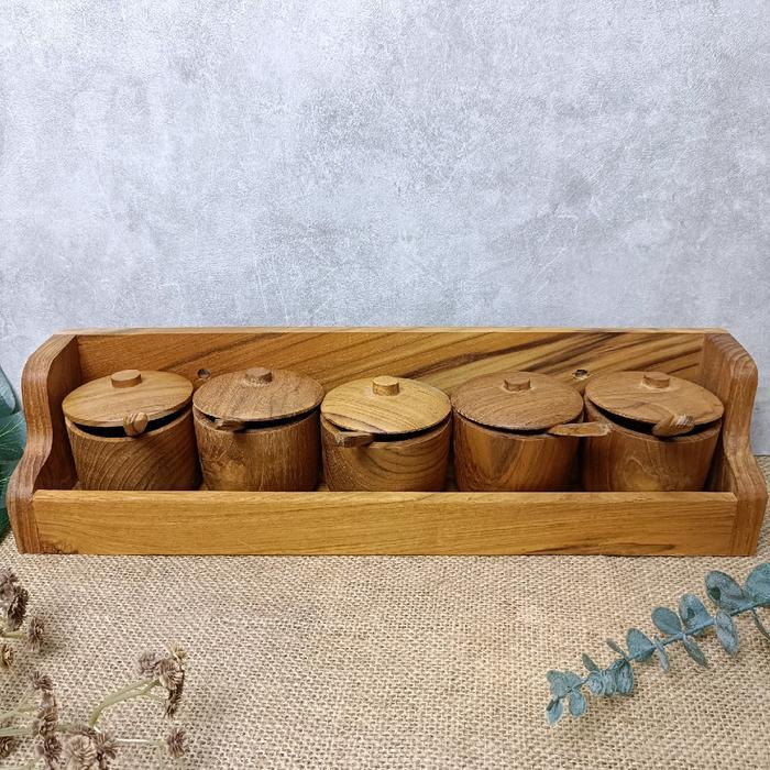Set Wadah bumbu isi 5 bahan kayu jati foodgrade