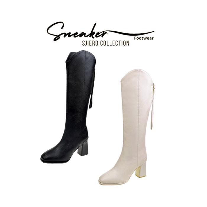 Sepatu Boots Panjang Hak tinggi wanita Fashion shoes SFW 285 tapak karet warna putih dan hitam
