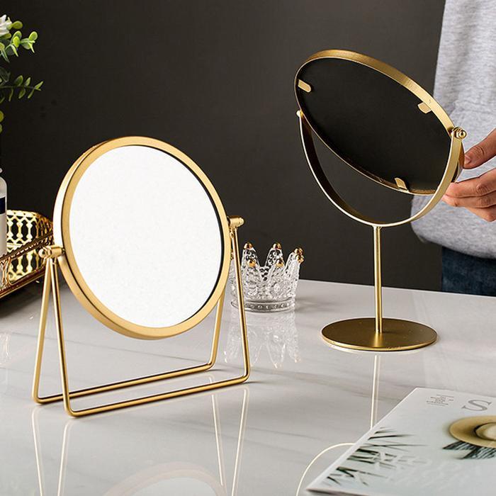 Kaca Rias Make Up / Cermin Rias Meja Bulat / Make Up Mirror / Kaca Elegan dan Minimalis Warna Gold