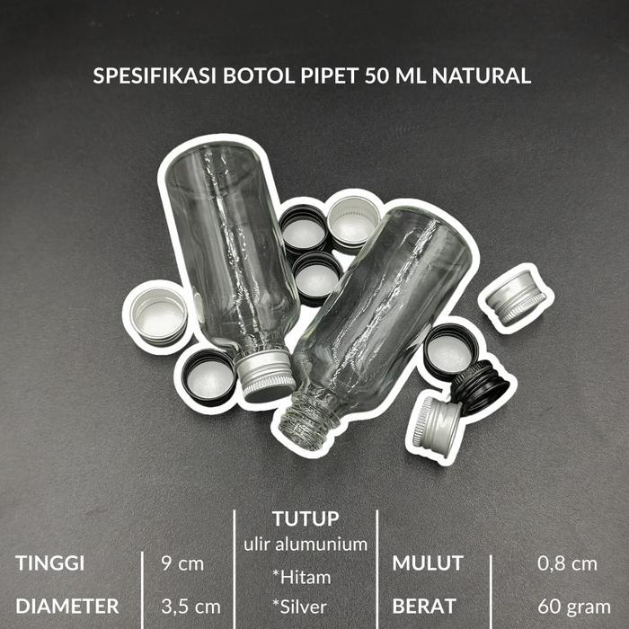botol kaca 50ml natural tutup ulir almunium / botol ulir 50ml kaca