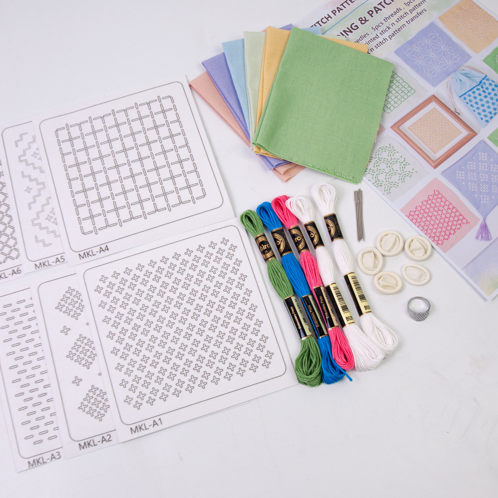 Candy Color DIY Sashiko Kit,Thread and Needles Sashiko Thimble Macaron Color Fabric,Water Soluble