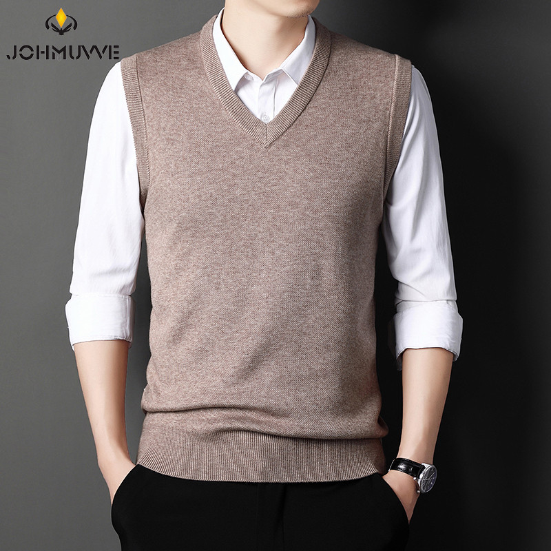 JOHMUVVE New Men V-neck Vest Trend Retro Solid Color Vest All-match Casual Business Work Woolen Knit