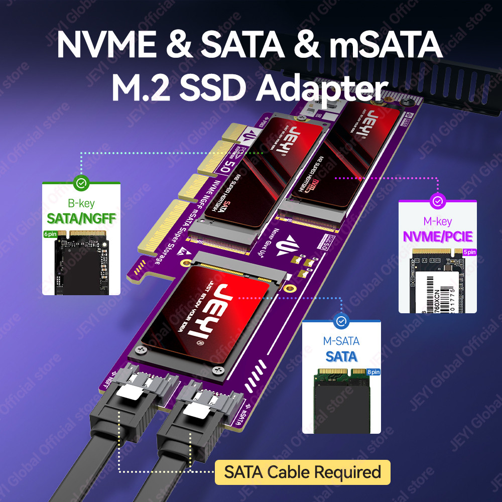 JEYI 3 in 1 NVMe NGFF and mSATA SSD PCIe 5.0/4.0 Adapter Card M.2 NVME to PCIE/M.2 SATA SSD to SATA