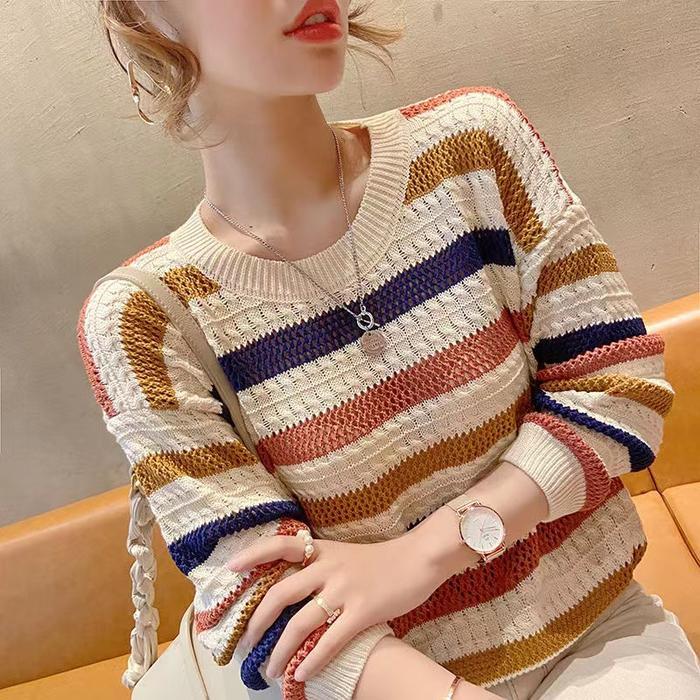 Best Seller Top Knit Import Sweater - Atasan Wanita Rajut Jaring Import Stripes Original