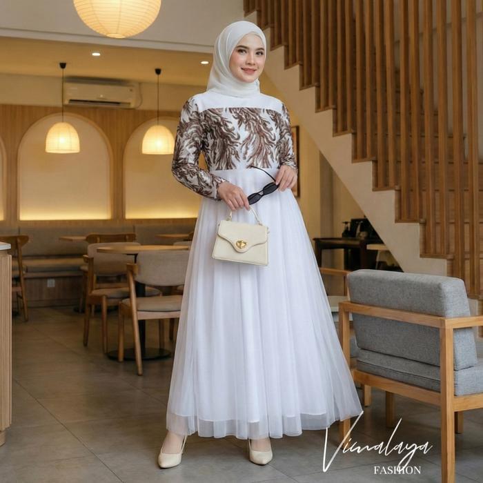 Gamis Putih Tile Bordir Payet Kombinasi Tile Tutu 71341 Baju Muslim Lebaran Vima