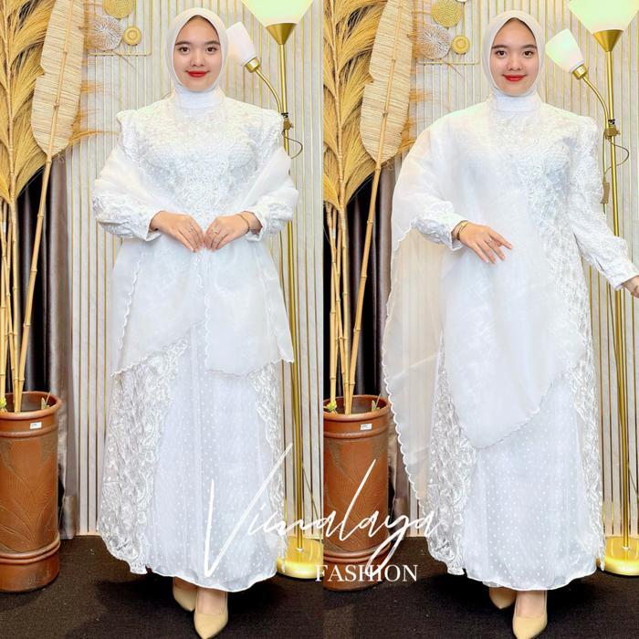 Gamis Putih Satin Kombinasi Tile Bordir Baju Muslim Vima 76821