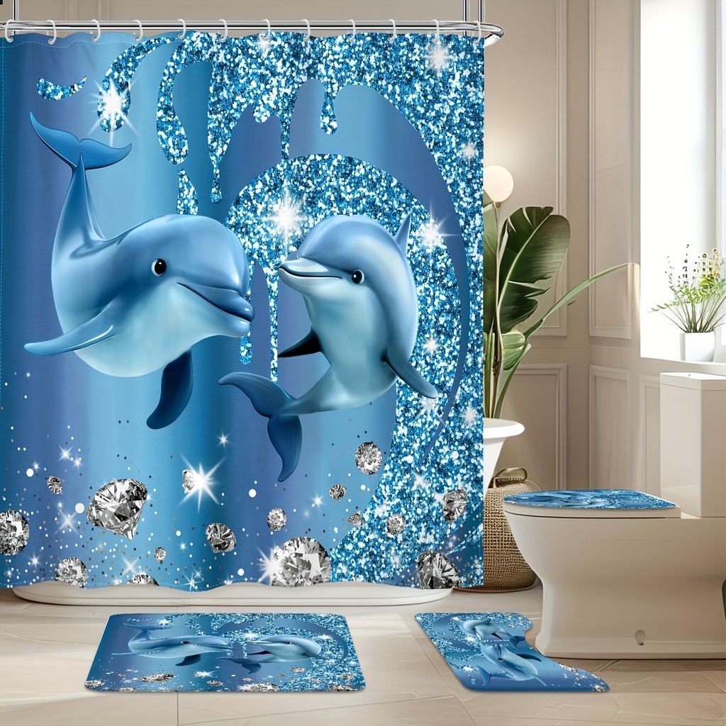 Four piece set of blue dolphin play bathroom, soft and magical bathroom accessories, dreamy
