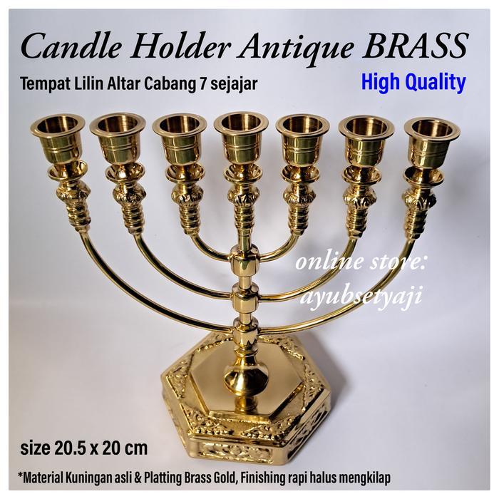 Tempat Lilin Kuningan Cabang 7 MENORAH Brass Wadah Datar Kaki Dian ALTAR ANTIQUE BRASS Gold Candle