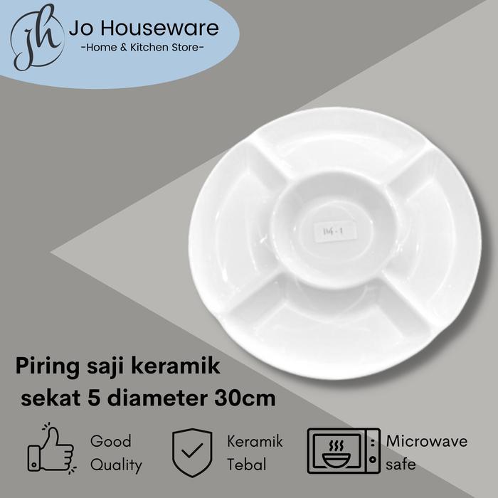 Piring saji keramik sekat 5 diameter 30cm putih tebal 114-3
