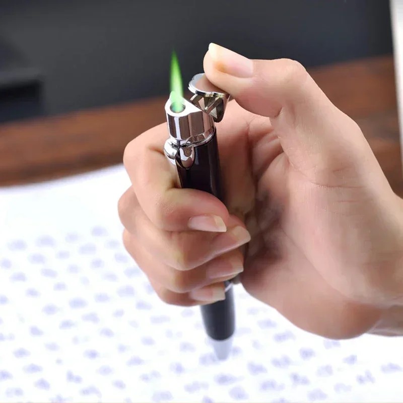 Creative Ballpoint Pen Shaped Jet Gas Lighter Portable Metal Windproof Green Flame Turbine Torch