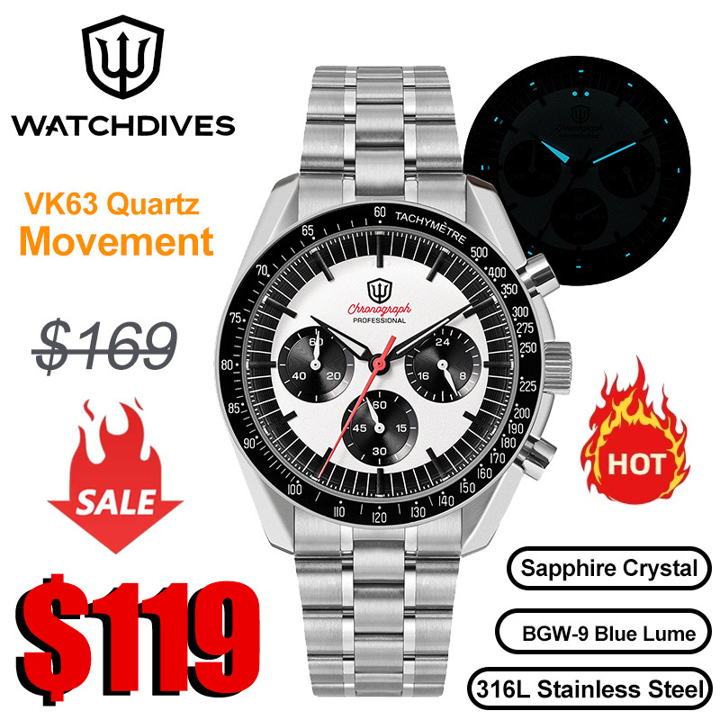 Watchdives WD1863 Chronograph Watch VK63 Sweep Second Mechanical Quartz Movement Bubble Sapphire