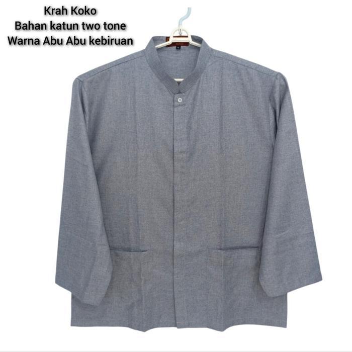 Koko Pria Lengan Panjang Warna Abu Kebiruan Ukuran Jumbo Bigsize Bahan Katun Two Tone