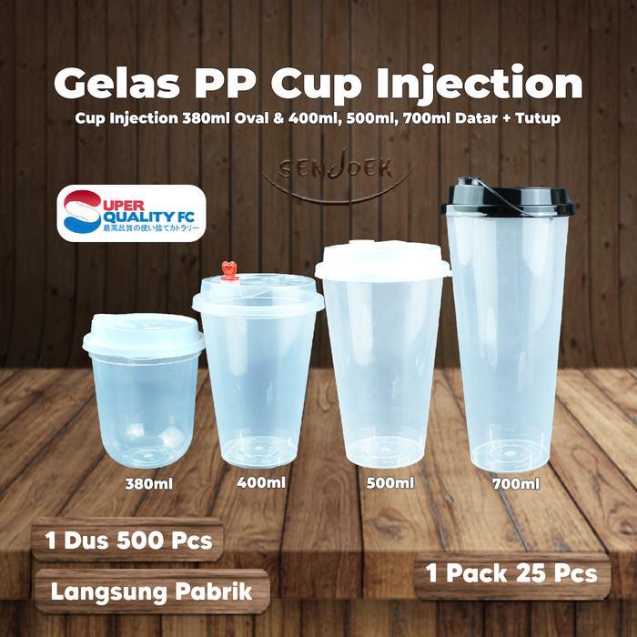 Cup Injection 380ml 12oz Oval & 500ml 16oz / 700ml 24oz Datar + Tutup / Gelas Boba / Gelas Plastik