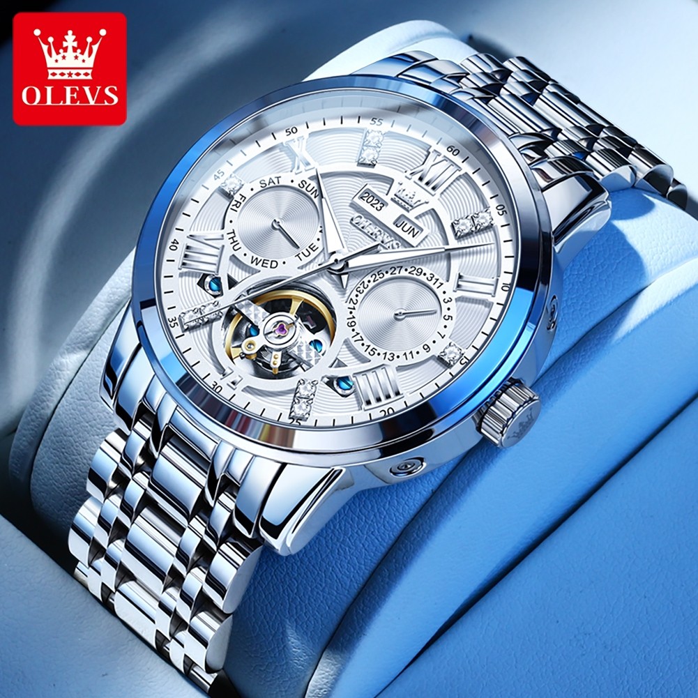 OLEVS Men's Watches Skeketon Flywheel Automatic Mechanical Original Wristwatch for Man Waterproof