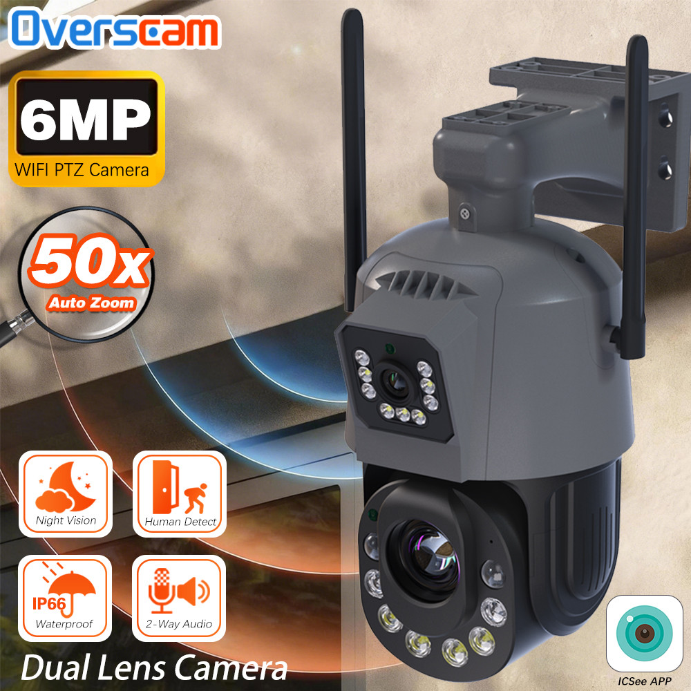 6MP 50x 30x Zoom Wifi PTZ IP Camera Outdoor Dual Lens Dual Screen Human Detection Wireless CCTV