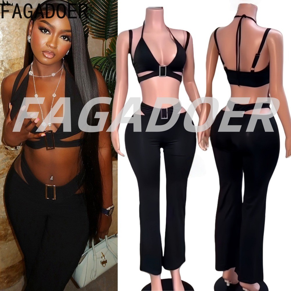 FAGADOER Y2K Sexy Hollow-out 2 Piece Sets Women Outfit Stretch Halter Metal Buckle Tank Tops + Pants