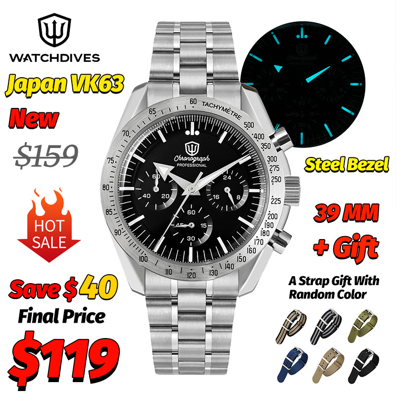 Watchdives WD1863 Mechanical Quartz Watches Black Spaces VK63 Chronograph Sports Watches Man Bubble