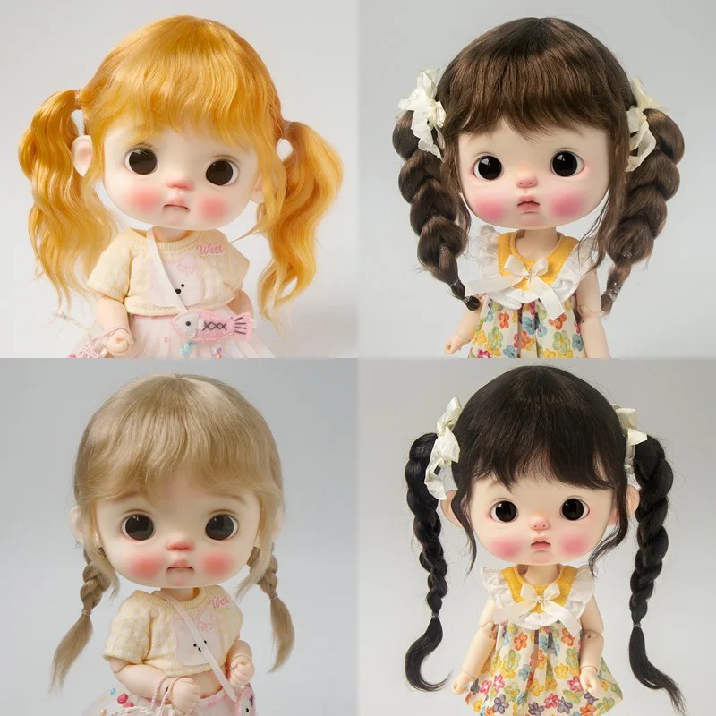 Blyth doll wig soft wavy long hair bangs double heart braids high ponytail for big head doll Qbaby