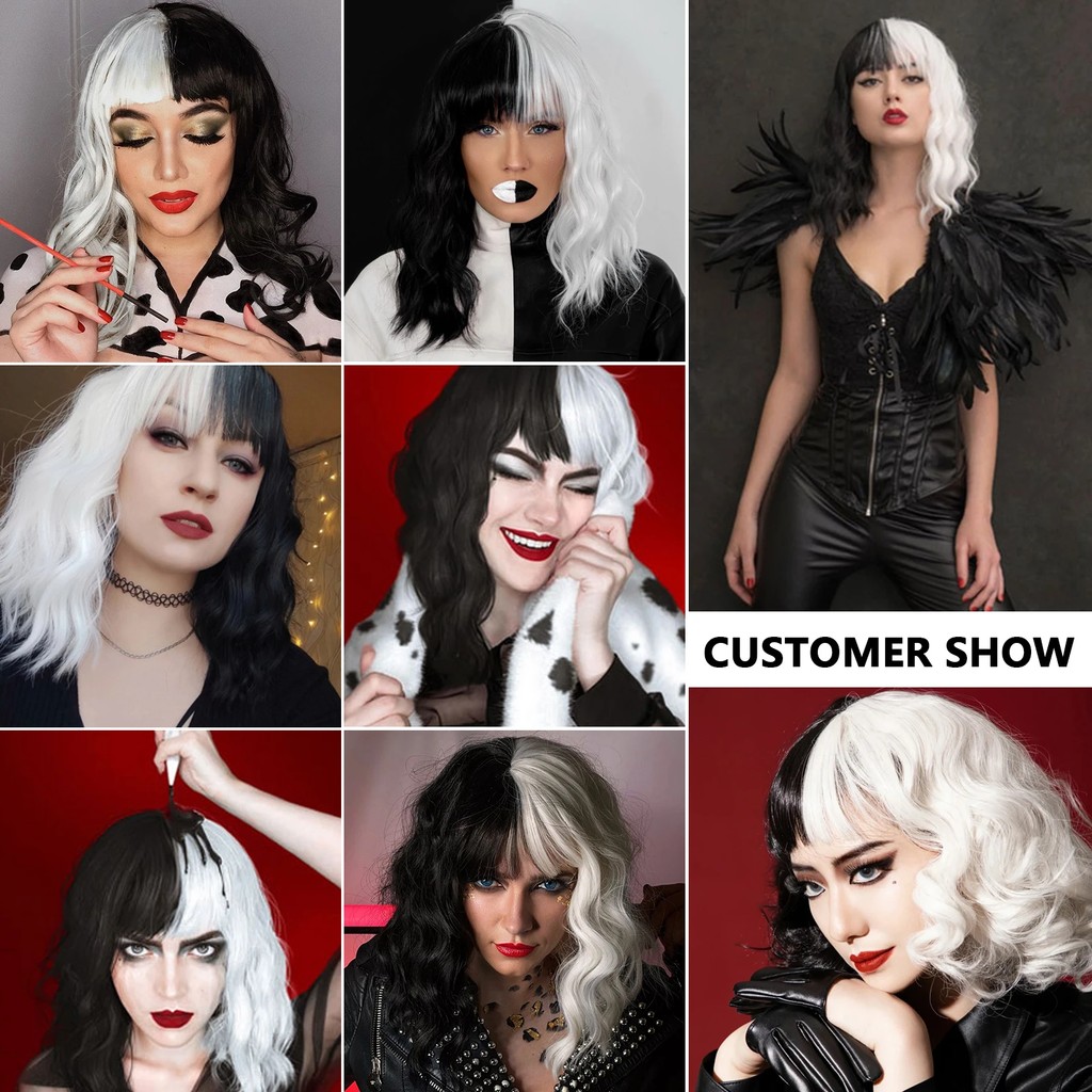 Black and White Wig for Cruella Deville Costume Short Curly Wavy Women's Wig For Halloween Cosplay