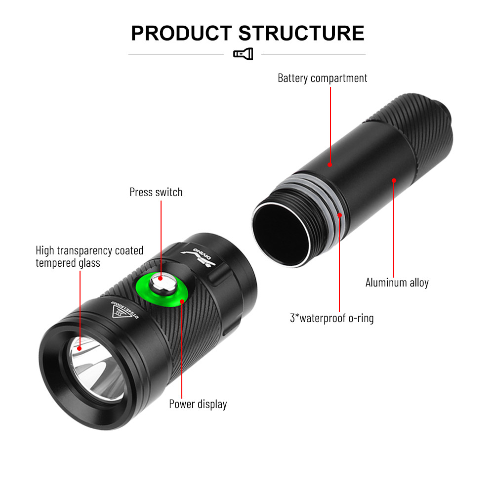Asafee DT18 LED Professional Diving Light 100M Depth Scuba Dive Flashlight Use 18650 Battery Lamp