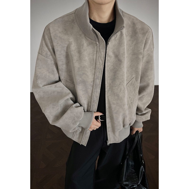 Vintage Tie-Dye Suede Jacket Men Bomber Jacket Oversized Boxy Fit Vintage Washed Texture Casual