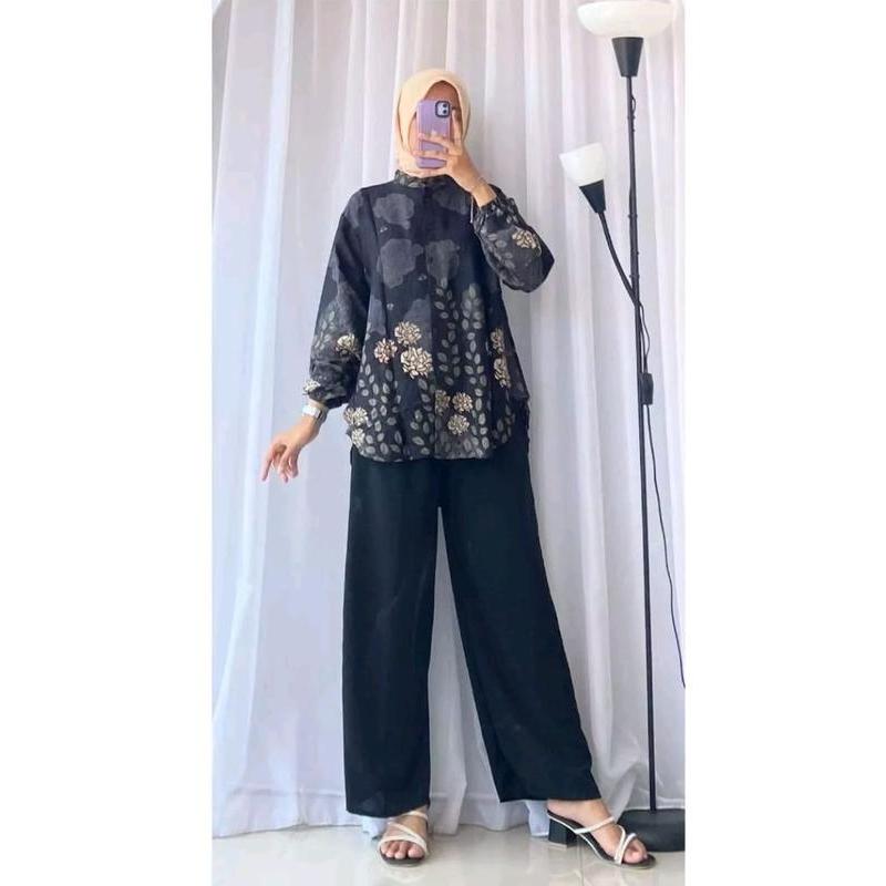 Setelan Rayon Mix Crinkle Premium Wanita Muslim Airflow Baju Tunik Panjang & Celana Crinkle Best