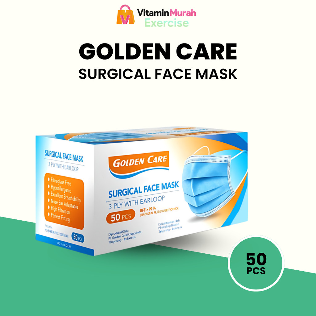 MASKER GOLDEN CARE 3 PLY WITH EARLOOP BFE 99 % 1 BOX ISI 50 PCS