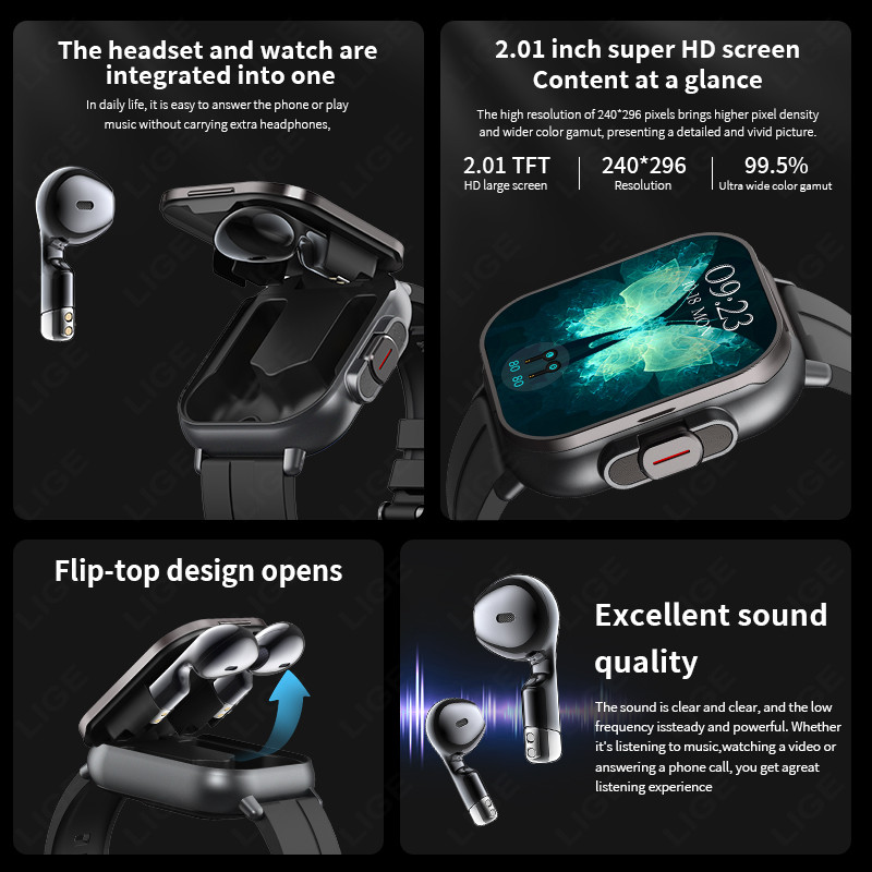 LIGE New TWS 2-in-1 With Headset Smart Watch Bluetooth Call Men Watch GPS Track SmartWatch Heart