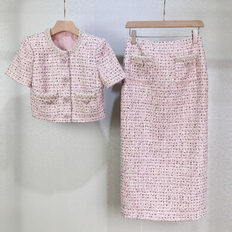 Luxury Summer Autumn Crystal Pearl Tweed Dress Set Women Summer Autumn Crop Top Jacket Midi Long
