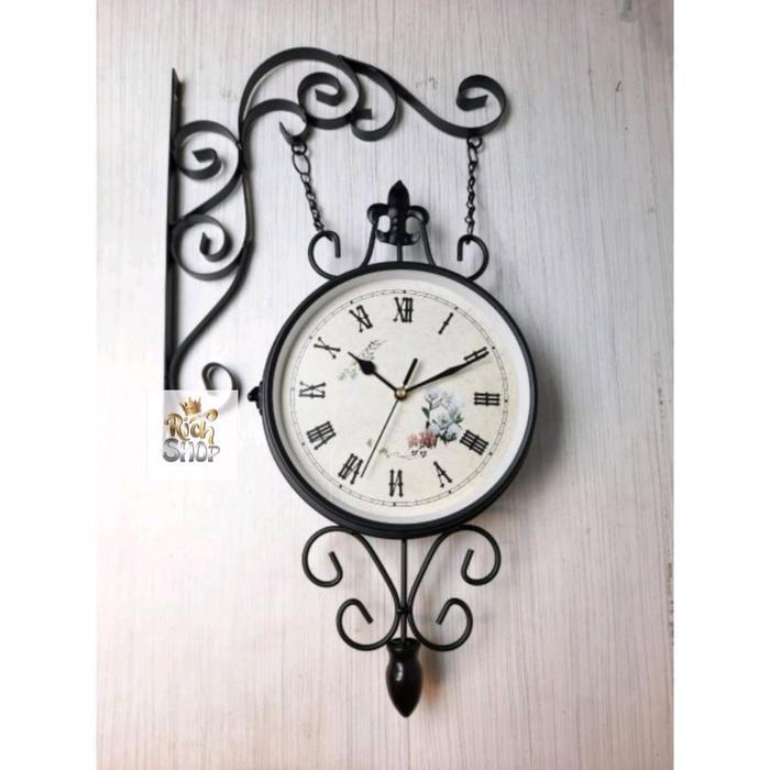 Jam Gantung Dua Sisi Shabby Vintage Garden Gaya Klasik Eropa Home Decor Besi