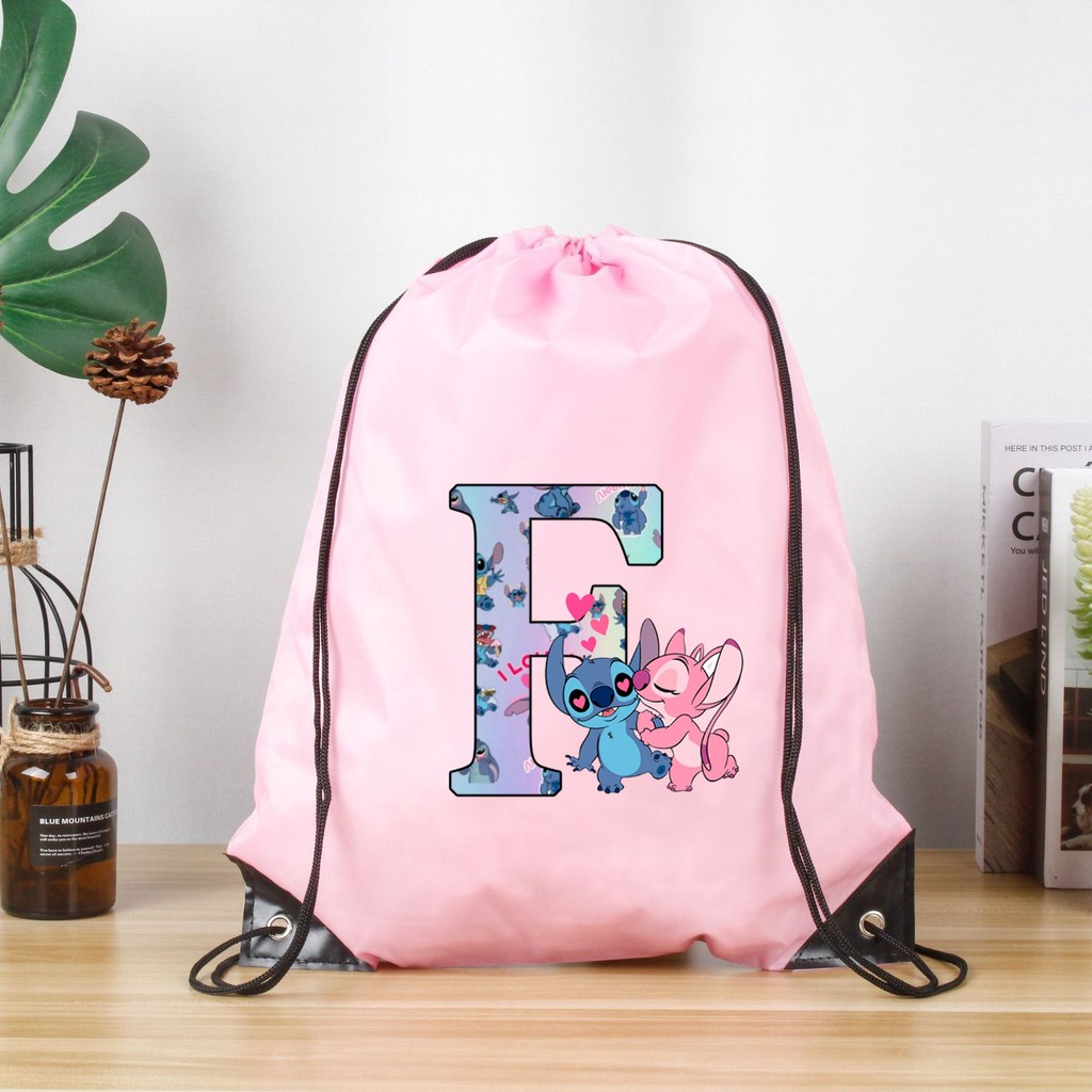 Disney Stitch Alphabet A-Z Drawstring Bag Sports Waterproof Backpack Gym Mochila Portable Polyester