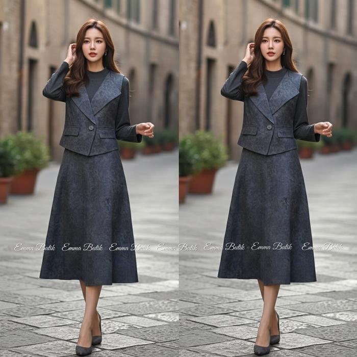 Emma.Butik E00633 Setelan Blazer Dress Rompi Wanita Natal Formal Oneset Midi Dress Lengan Panjang