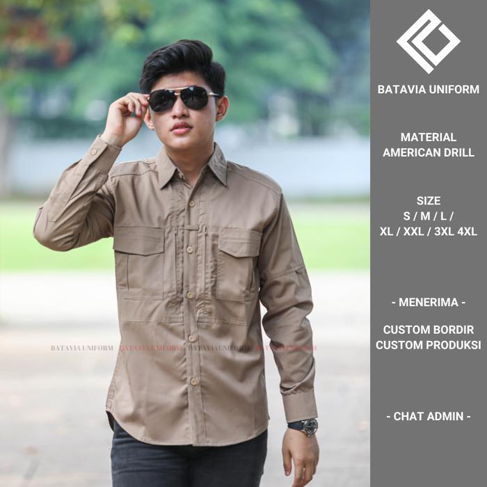 Baju TACTICAL Pria Lengan Panjang JUMBO- Kemeja Seragam Kerja Dinas Lapangan Tactical KHAKI Bahan