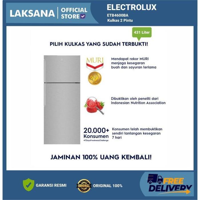 Electrolux ETB4600-BA Kulkas 2 Pintu 431L Inverter Hitam Mengkilat