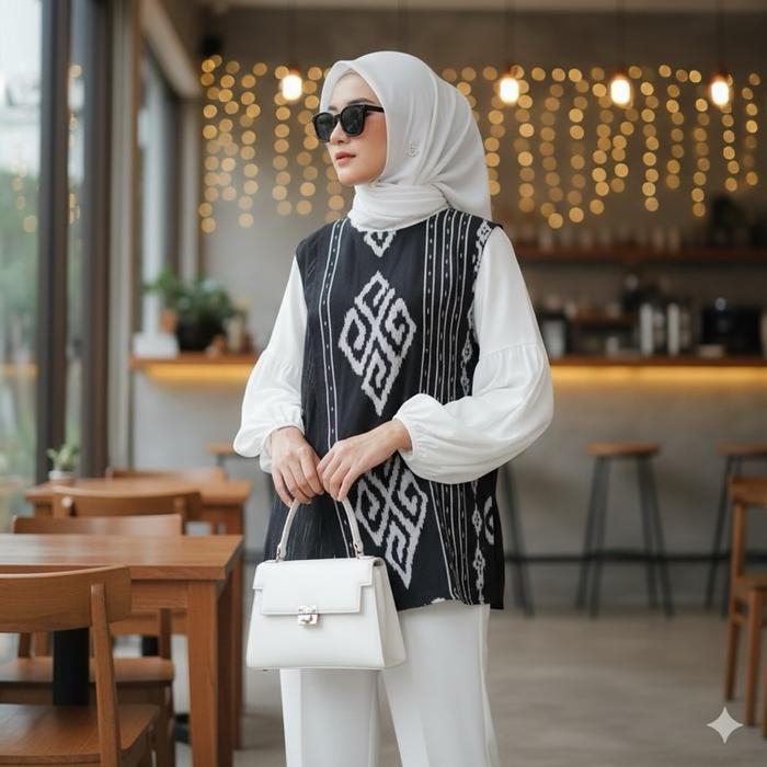 TERLARIS Shanaya Baju Tanpa Lengan Hitam Bahan Tenun Troso kombinasi lurik gerimis bisa di gunakan