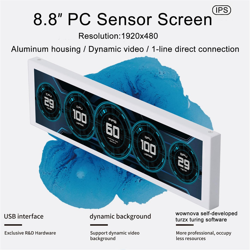 SWXF 8.8inch Computer Temp Monitor (Dynamic Theme Supported), IPS Type C Secondary Screen CPU RAM