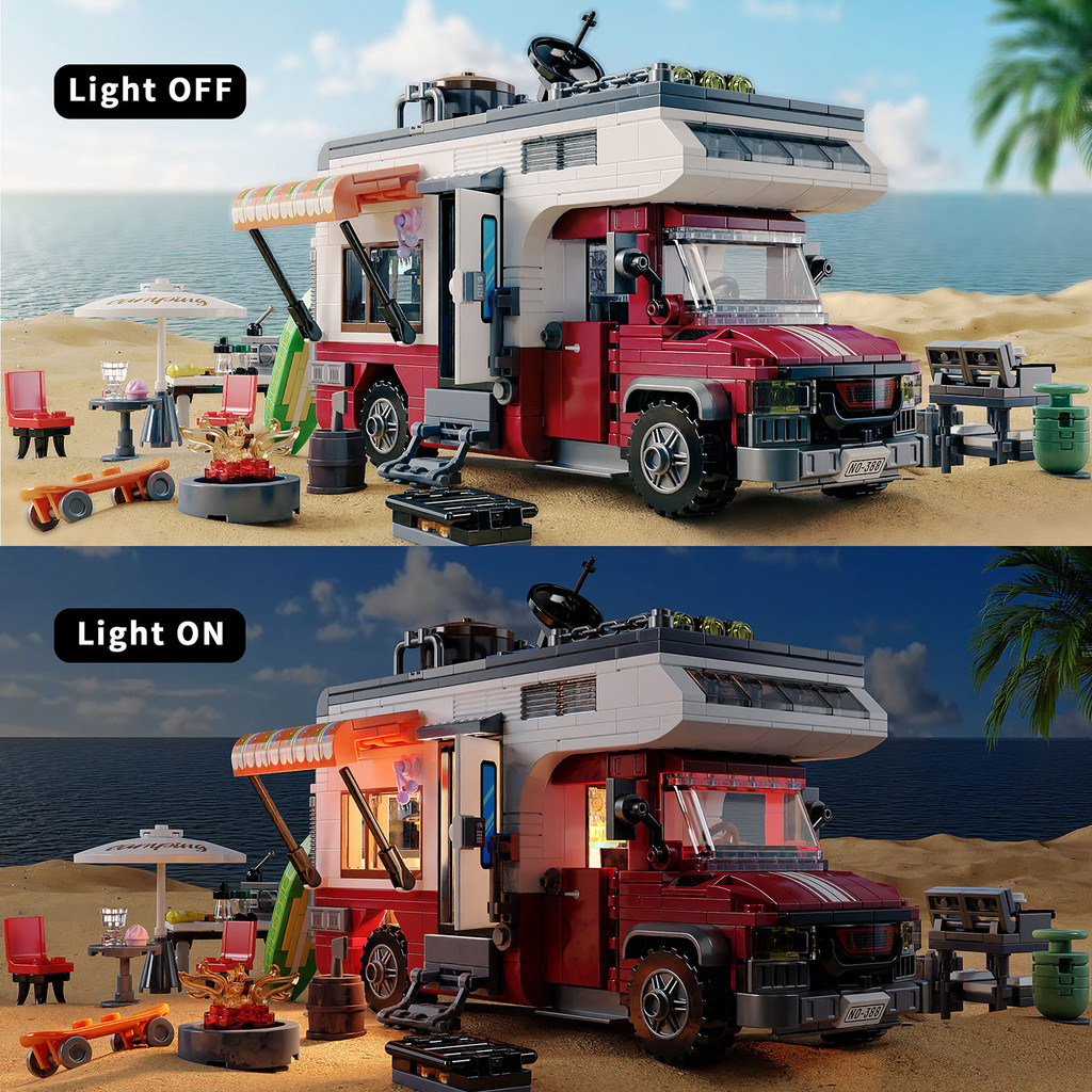 924PCS Camper Van Building Blocks Set Assembly Puzzle Bricks Model with LED Light Desktop Decoration