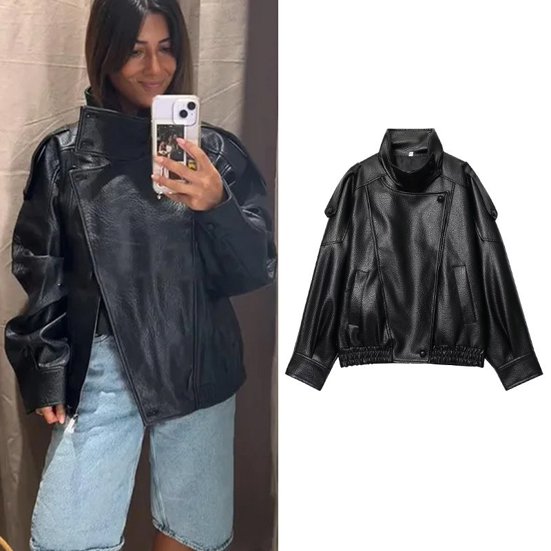 Jaket Kulit Sintetis Hitam Wanita Lengan Panjang Oversize Kancing Elastis Trendy Musim Dingin