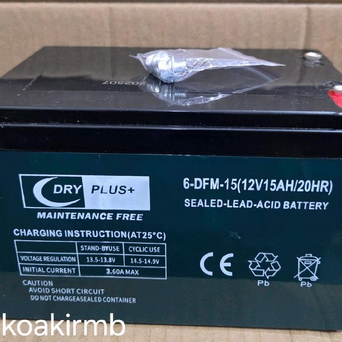 Aki sepeda listrik / SELIS), DRY PLUS(12Volt/15ah) Pala aki BAUT ORI warna hijau (bawaan dari sepeda