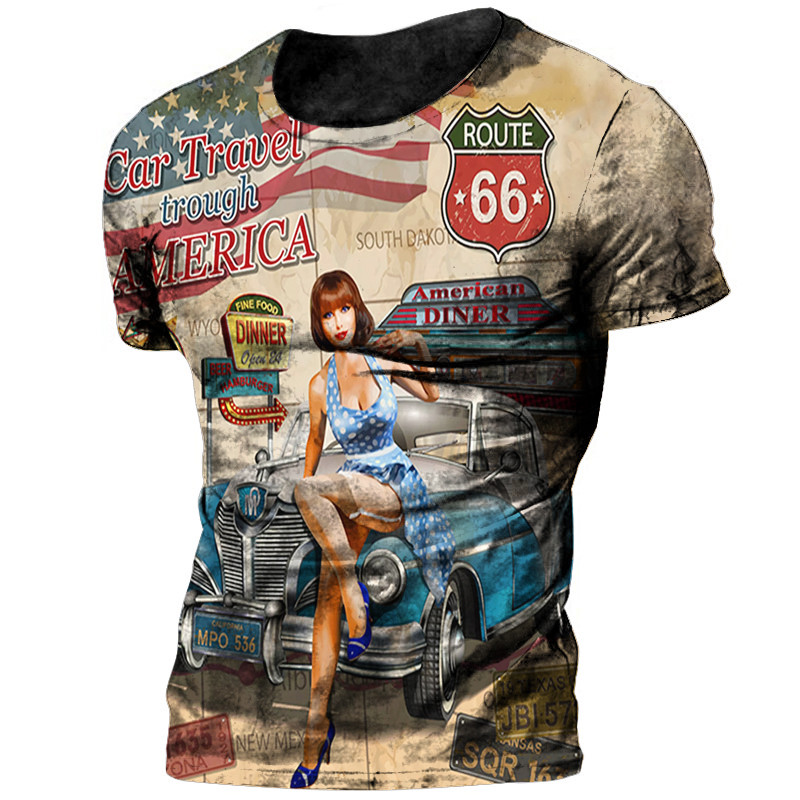 Vintage 66 Route T-shirt For Men 3d Printed Biker Motor Men's T Shirts Oversized T Shirt Route 66