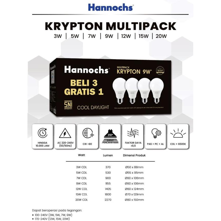 Bohlam Lampu Bulb LED Paket Hannochs KRYPTON Beli 3 Gratis 1 / LAMPU LED PAKET KRYPTON MULTIPACK 3W