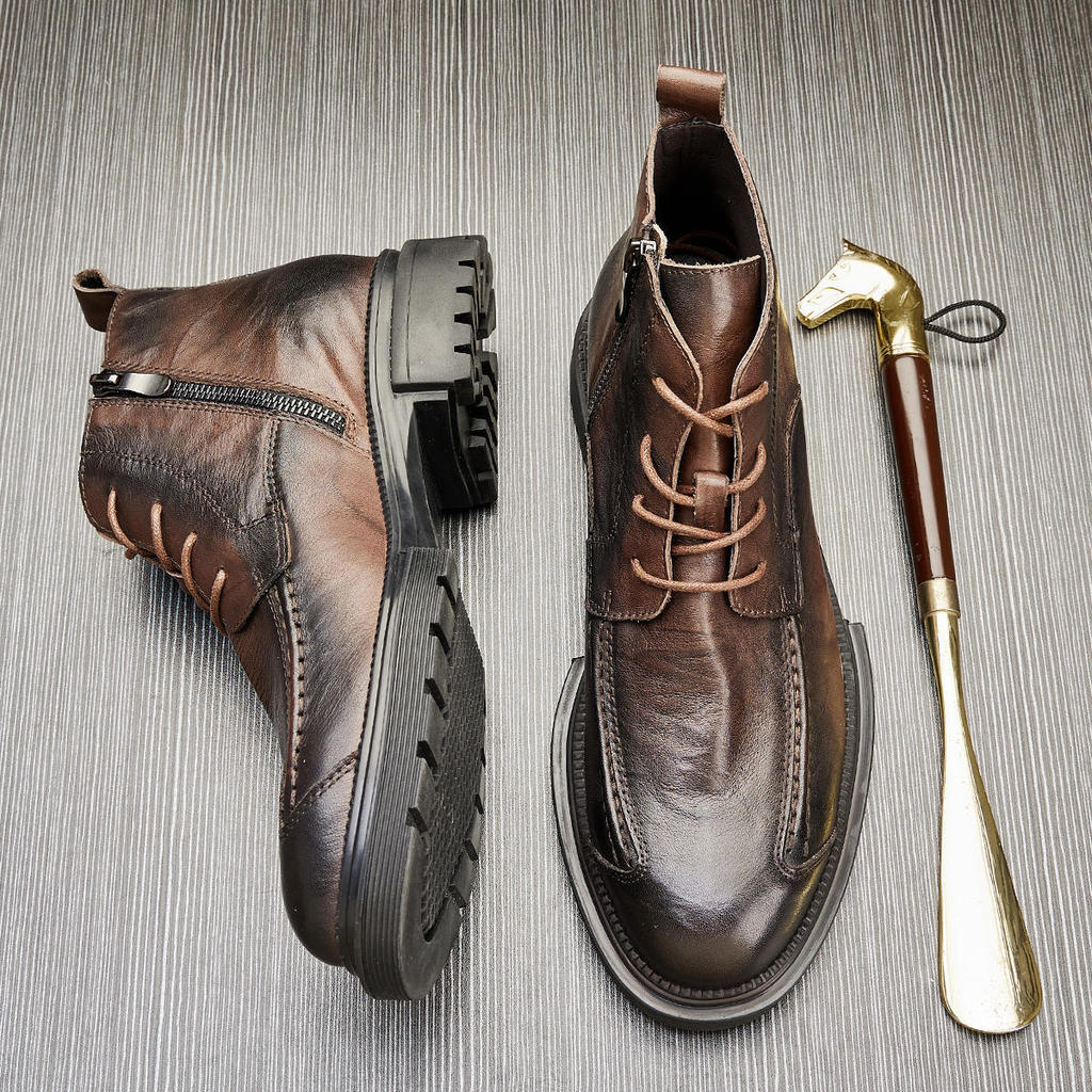 Men's Leather Boots High-top Thick Bottom Shoes Round Head Comfortable Anti-slip Casual Side Zip