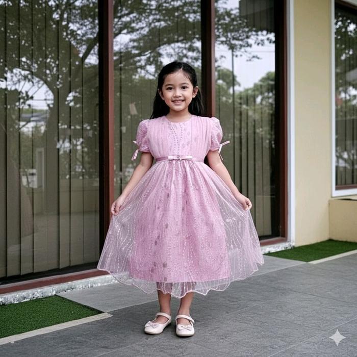 Gaun Anak Perempuan Dress Nadya Lengan Pendek Cantik Fashion Material Tille Satin Furing Brokat