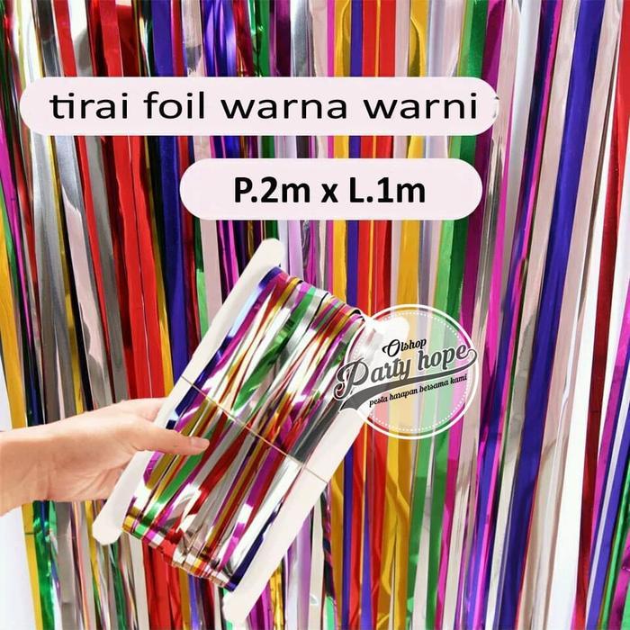tirai foil warna warni backdrop foil fringe curtain background pelangi