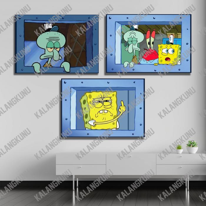 Poster Kayu Hiasan Dinding Jendela Spongebob Squidward Krusty Crab Dekorasi Kamar